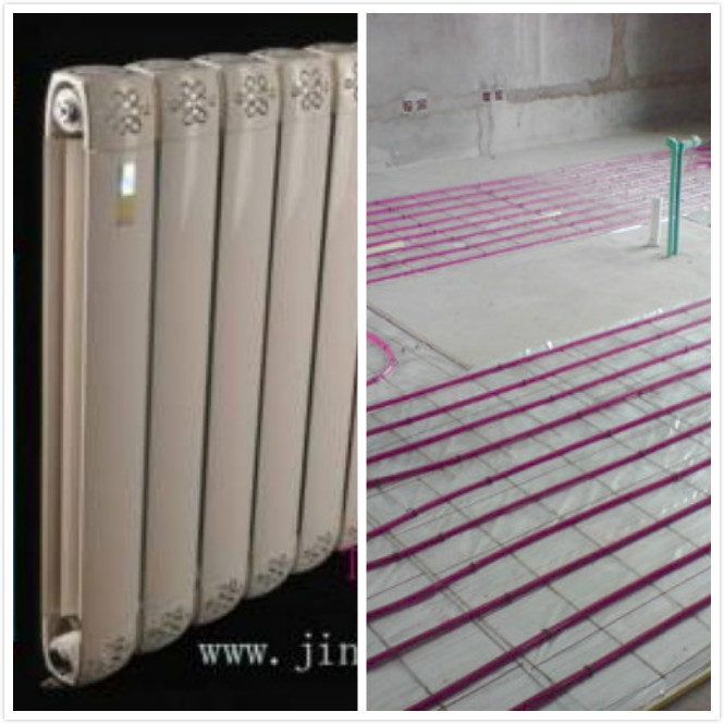 地暖和暖氣片的區(qū)別,左圖為金旗艦暖氣片，右圖為地暖實地鋪設(shè)。